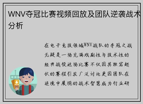 WNV夺冠比赛视频回放及团队逆袭战术分析