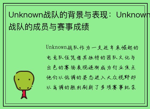 Unknown战队的背景与表现：Unknown战队的成员与赛事成绩